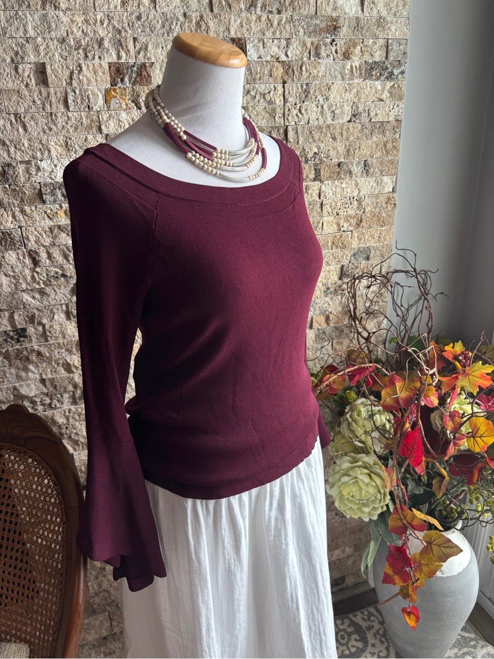 INC International Concepts Burgundy Scoop-Neck Bell-Sleeve Sweater